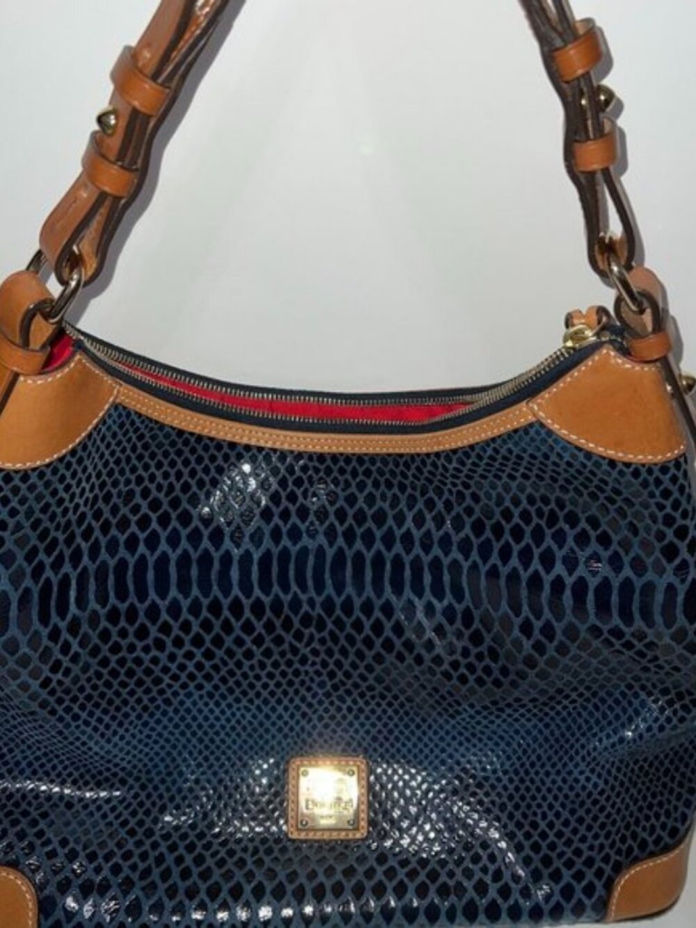 Dooney & Bourke Navy Snake-Embossed Shoulder Bag with Tan Trim